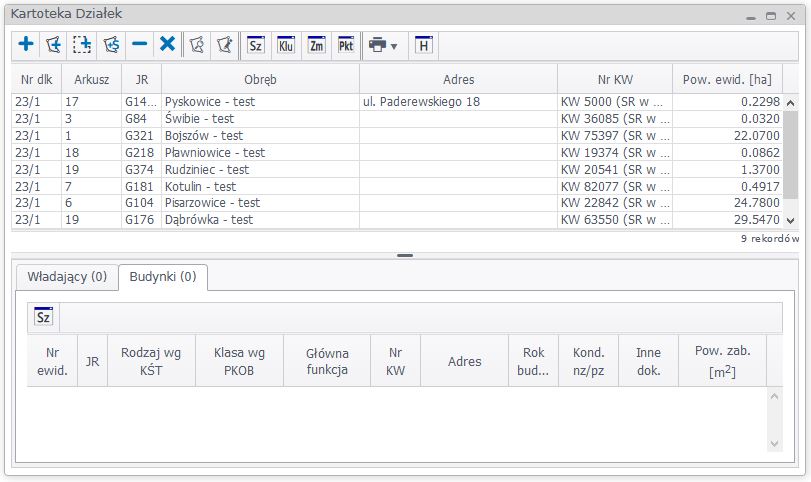 Widok okna kartoteki działek 
