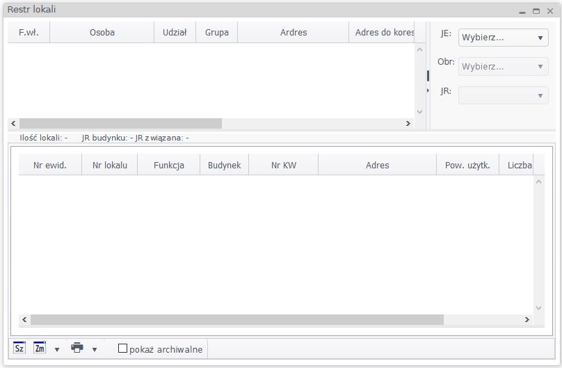 Widok okna rejestru lokali