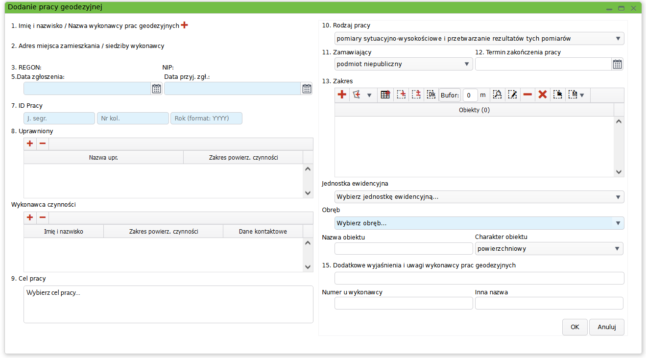   Widok okna dodawania nowej pracy geodezyjnej