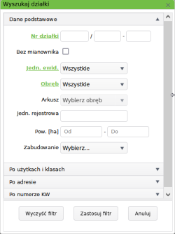 Widok okna umożliwiającego wyszukanie działki po atrybutach