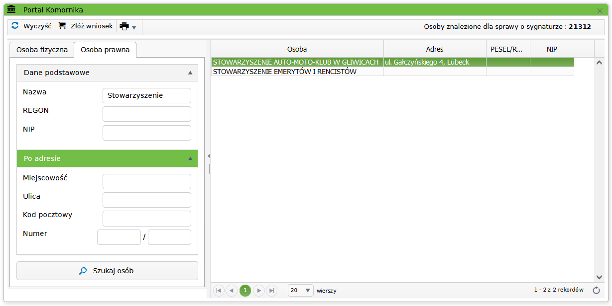 Widok okna wyszukiwania osoby prawnej portalu komornika