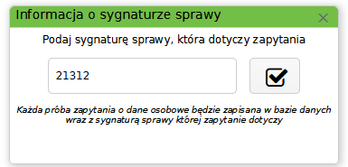 Widok okna podania sygnatury sprawy